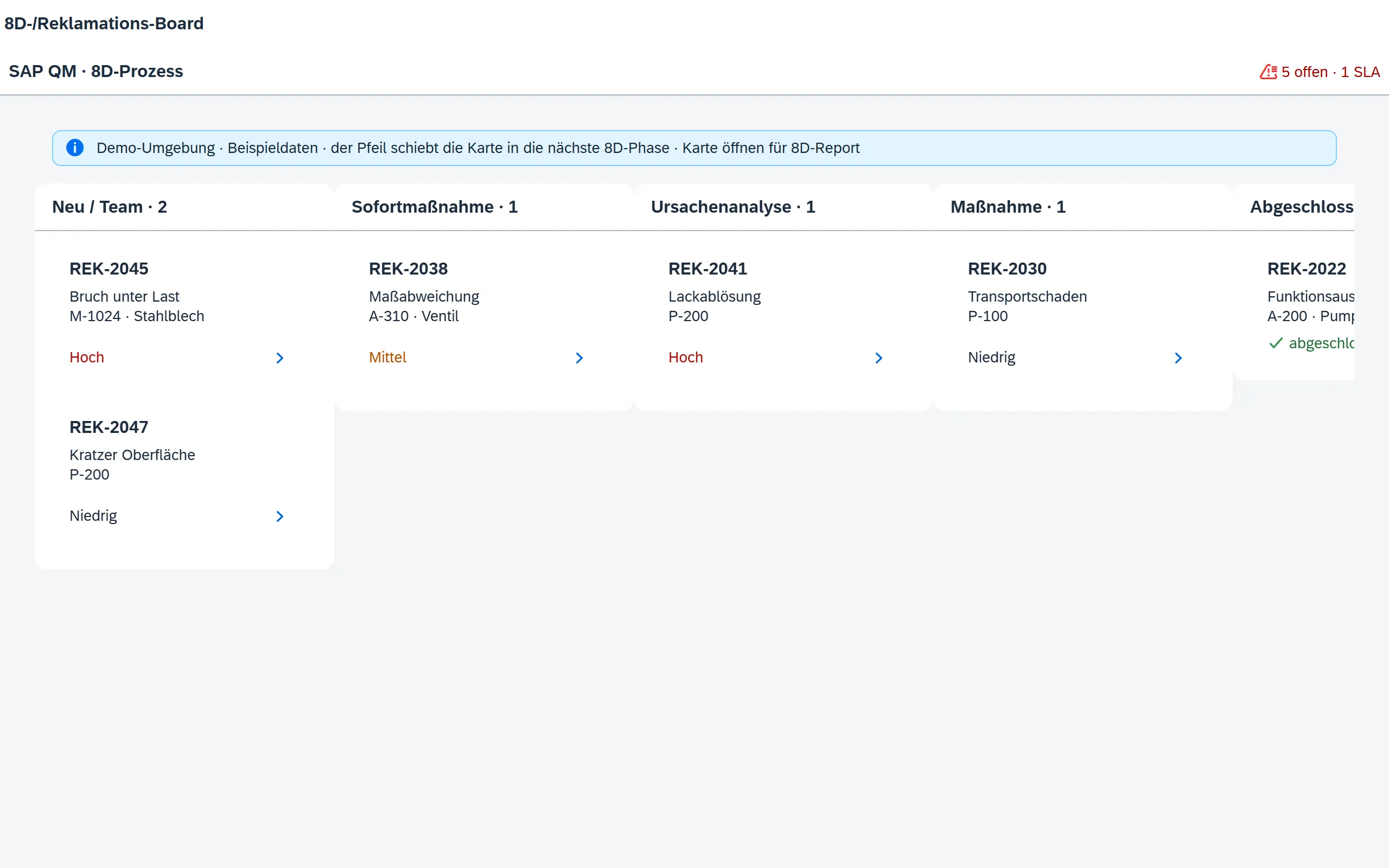 Vorschau 8D-/Reklamations-Board – Fiori / SAP-nativ