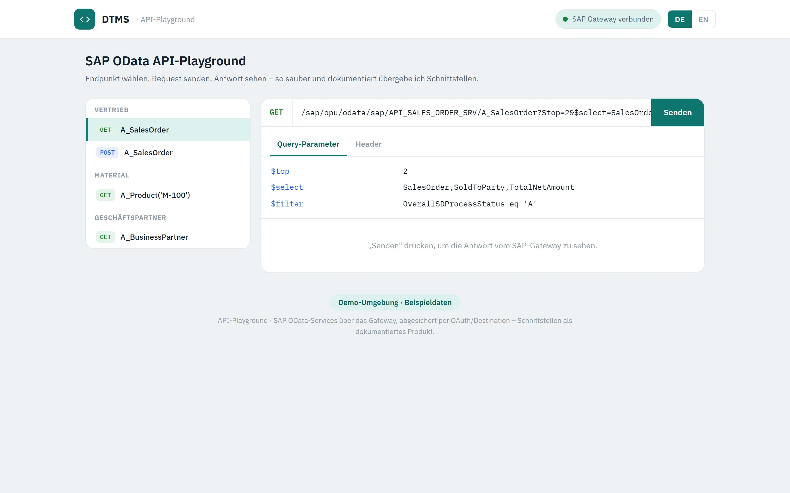 Vorschau API-Playground – Web-Portal