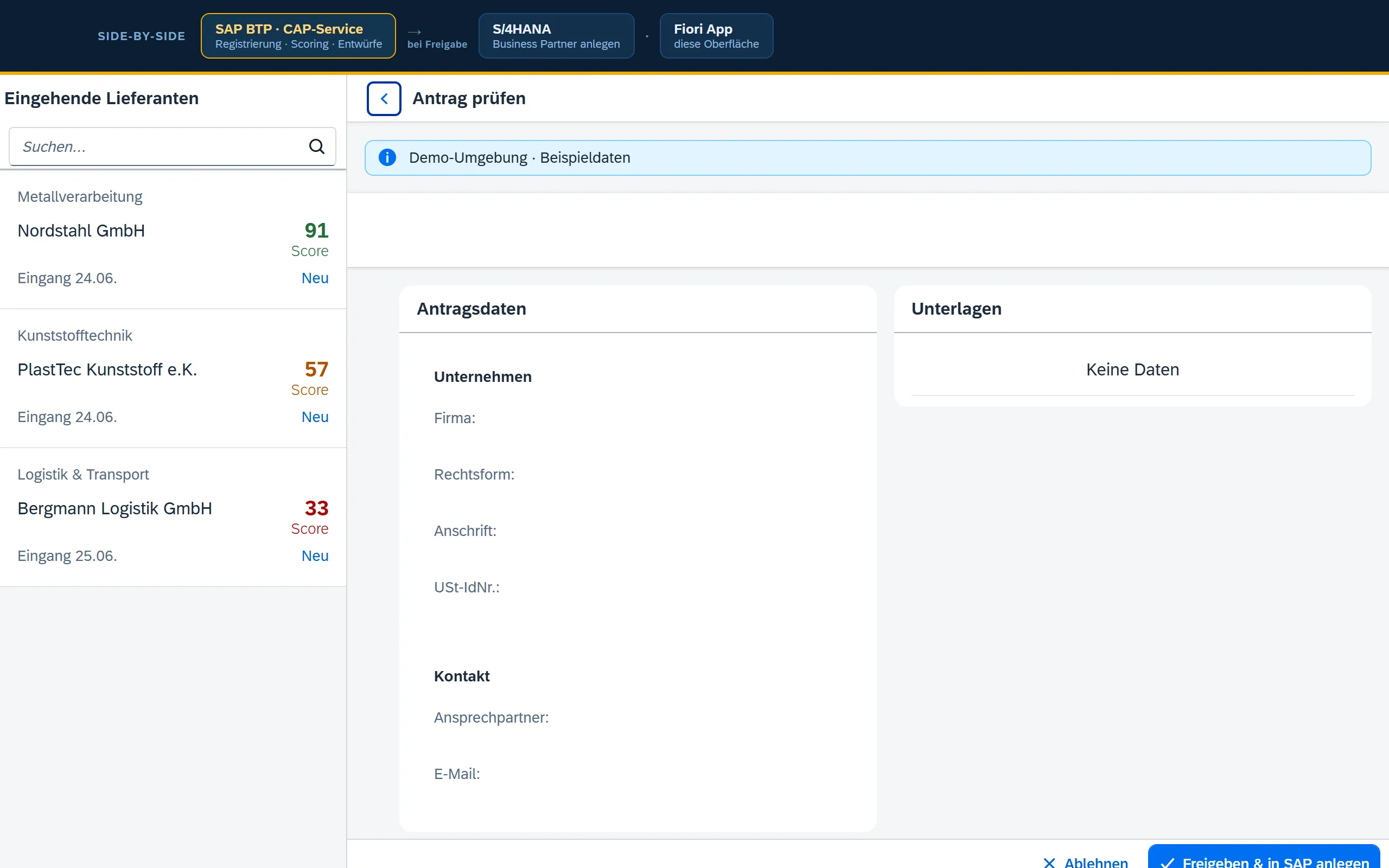 Vorschau Lieferanten-Onboarding – BTP / CAP