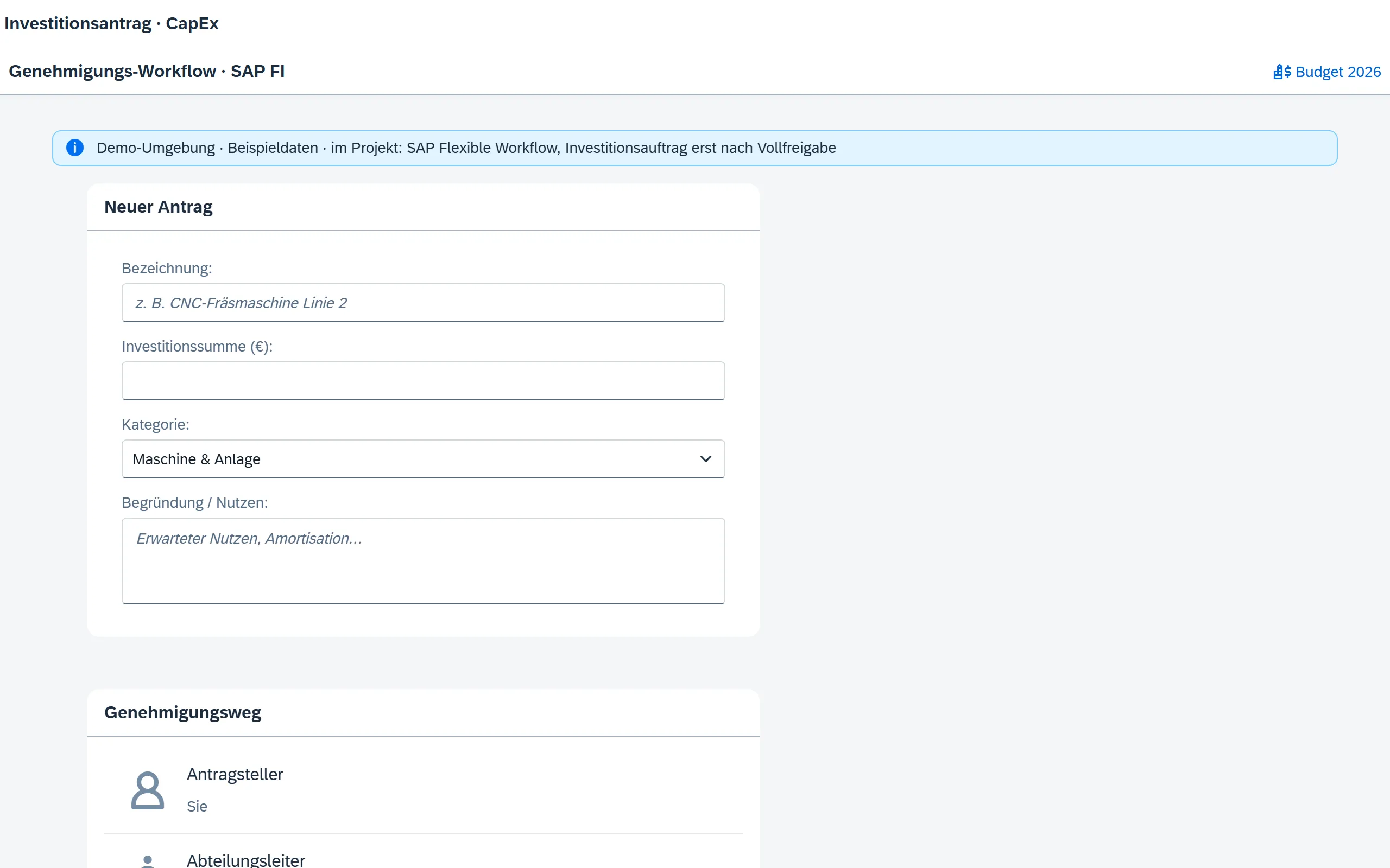 Vorschau Investitionsantrag (CapEx) – Fiori / SAP-nativ