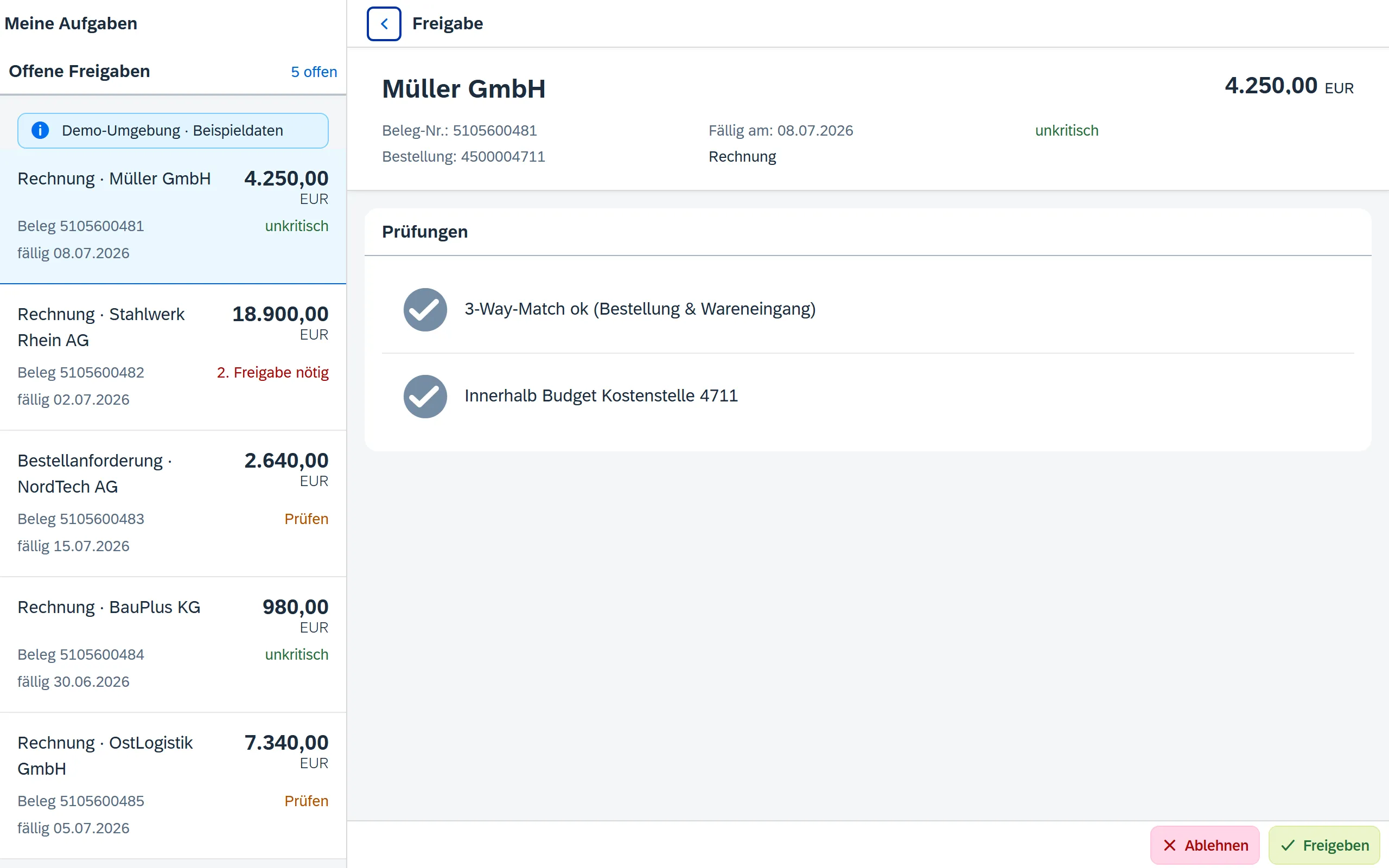 Vorschau Freigabe-Workflow – Fiori / SAP-nativ