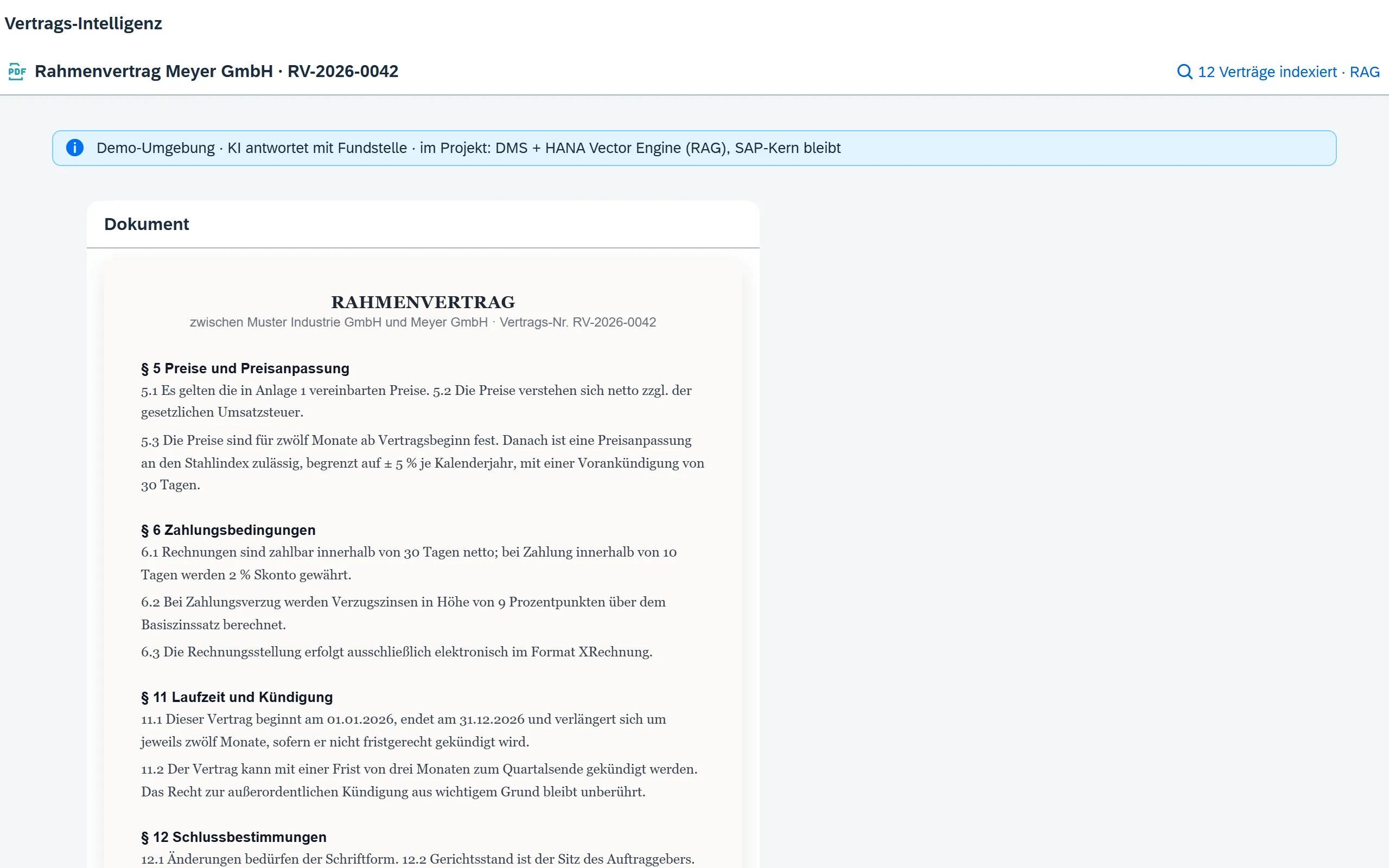Vorschau Vertrags-Intelligenz (RAG) – Fiori / SAP-nativ