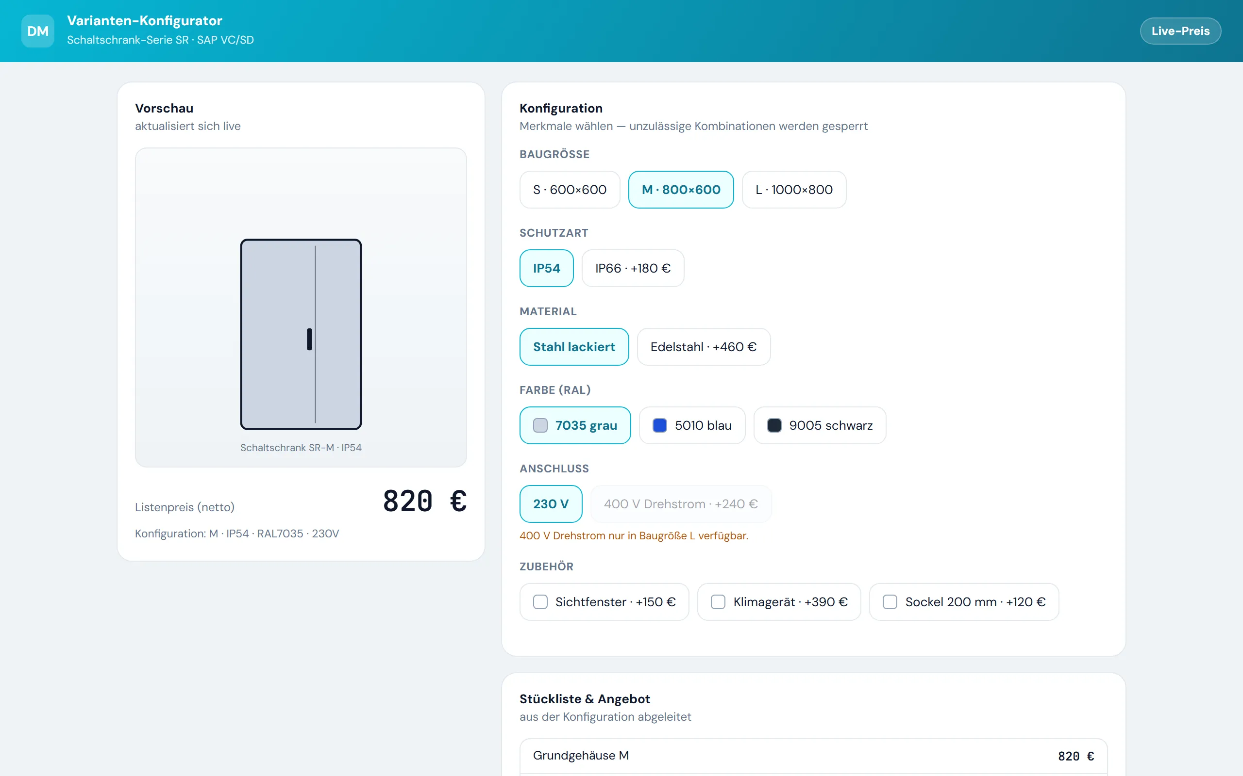 Vorschau Varianten-Konfigurator – Web-Portal