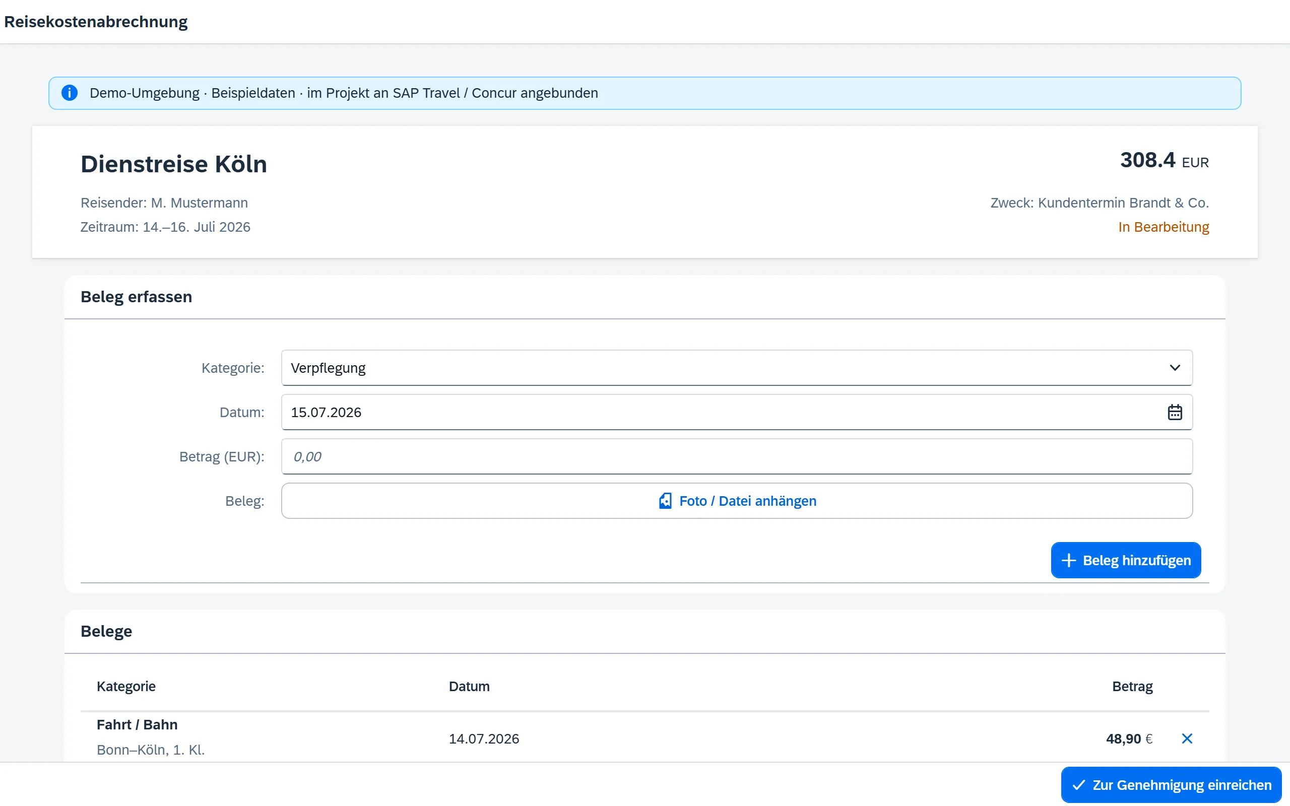 Vorschau Reisekosten – Fiori / SAP-nativ