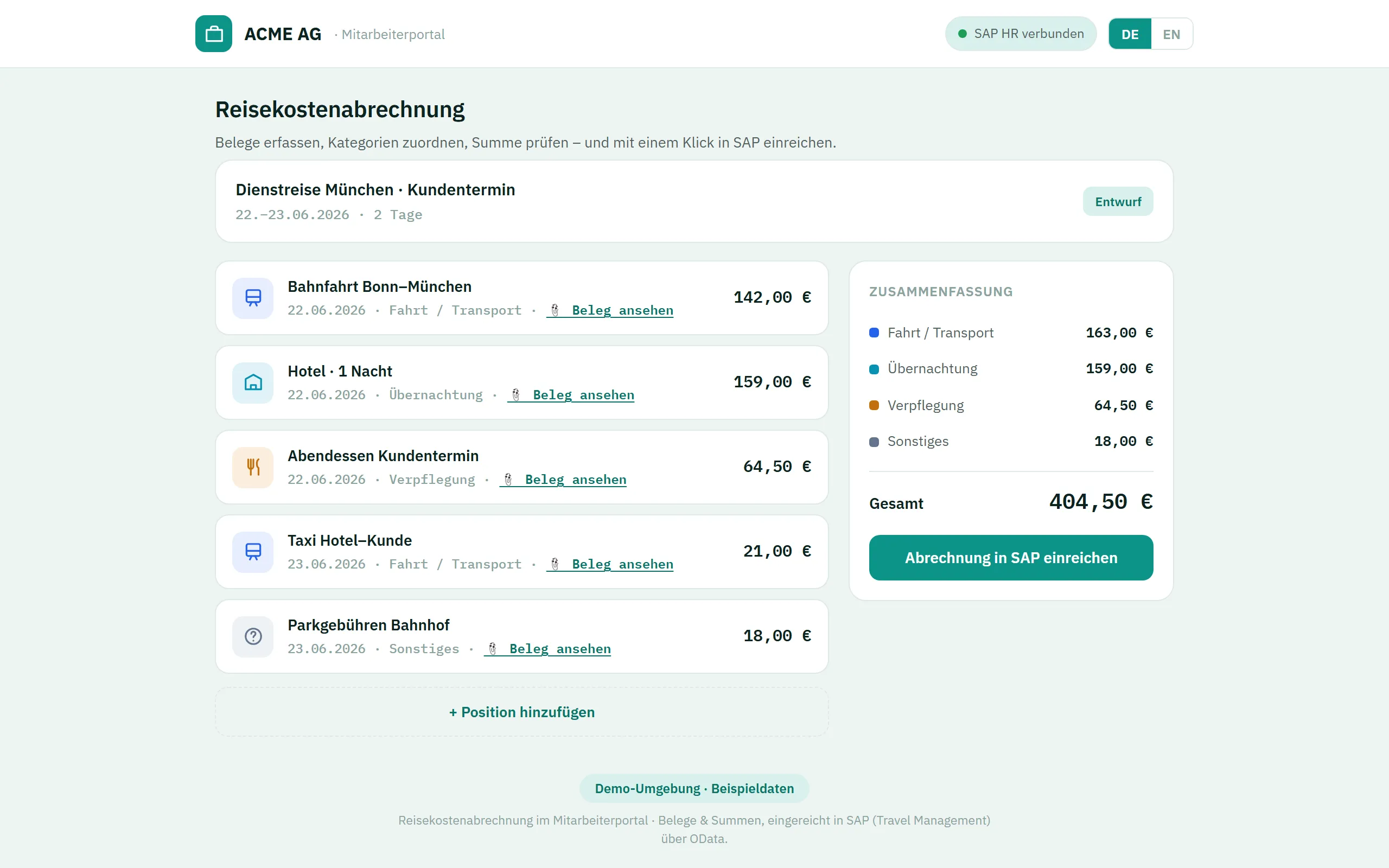 Vorschau Reisekosten – Web-Portal