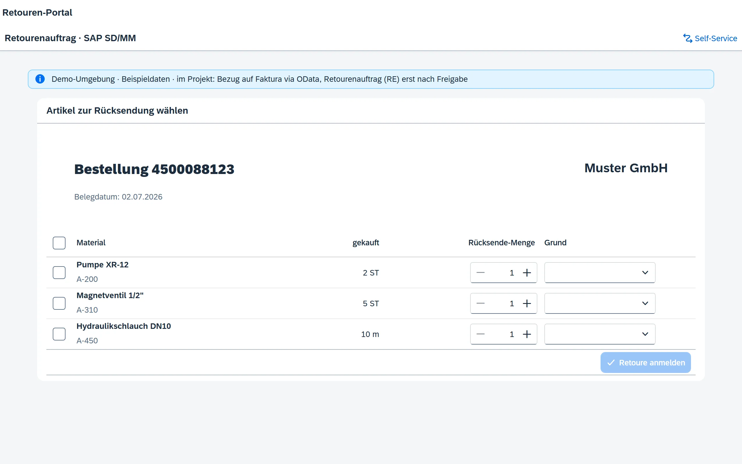 Vorschau Retouren-Portal – Fiori / SAP-nativ