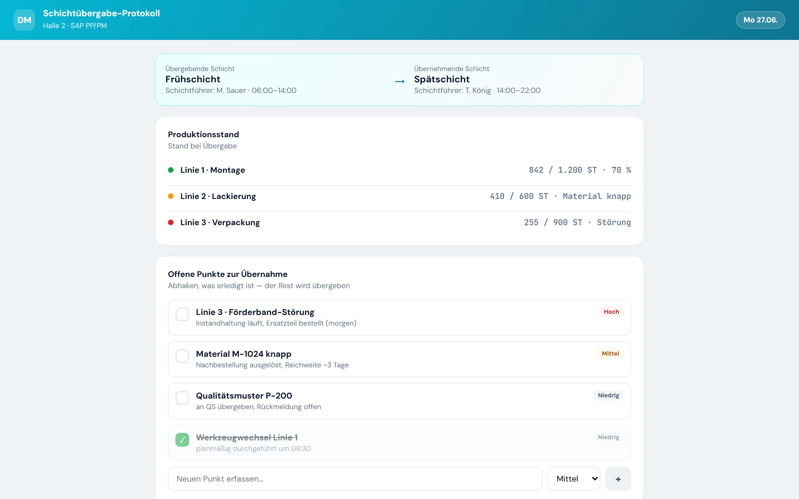 Vorschau Schichtübergabe-Protokoll – Web-Portal