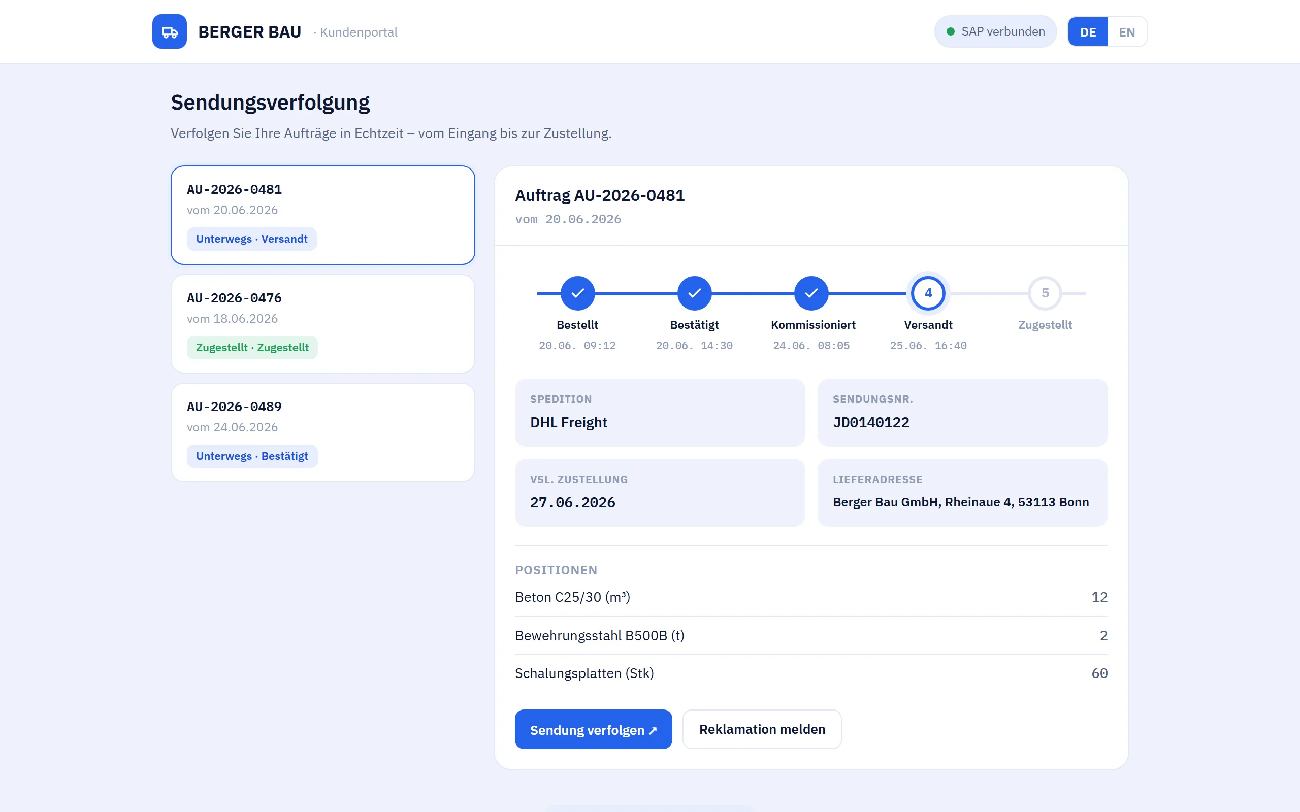 Vorschau Sendungsverfolgung – Web-Portal