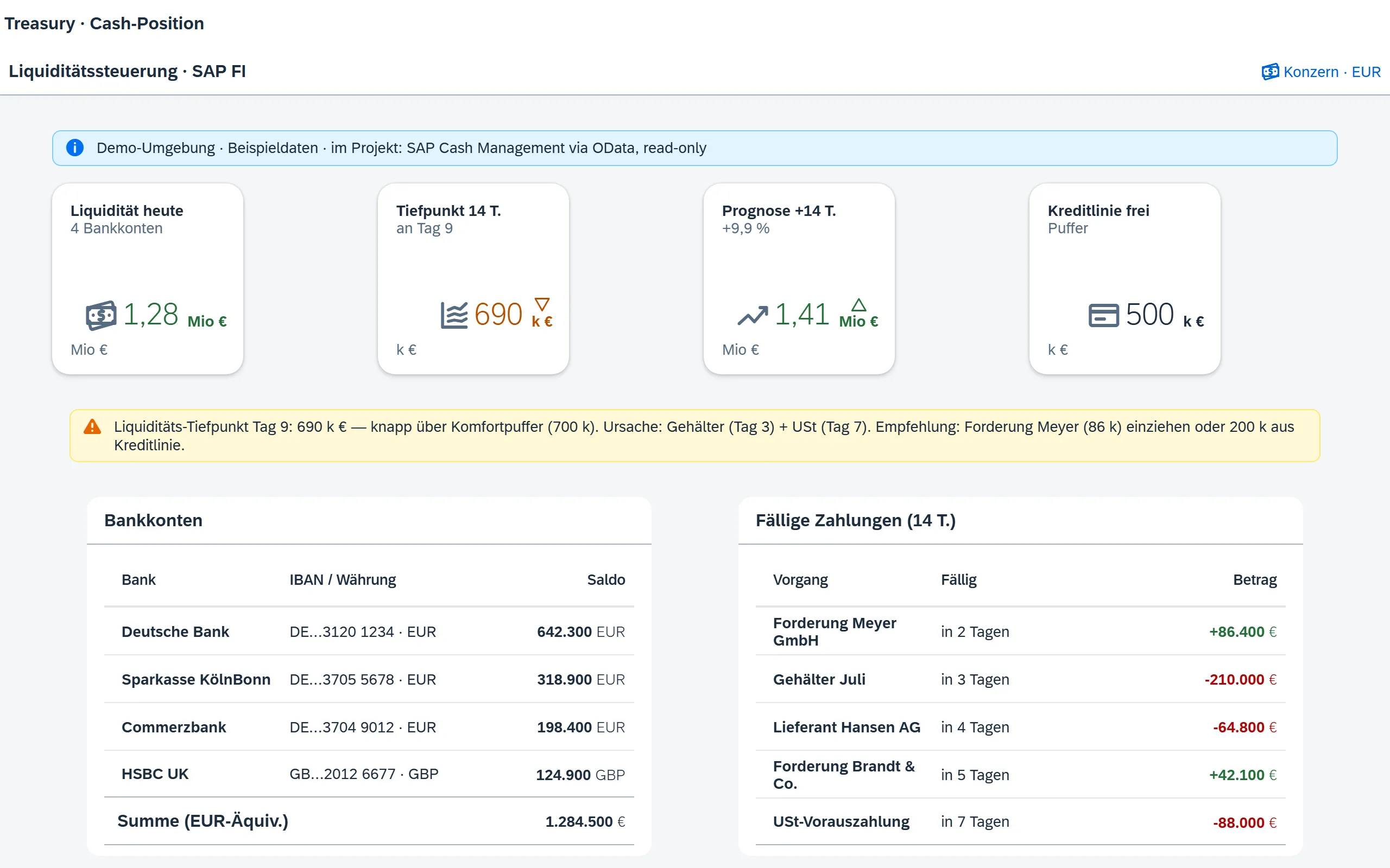 Vorschau Treasury · Cash-Position – Fiori / SAP-nativ
